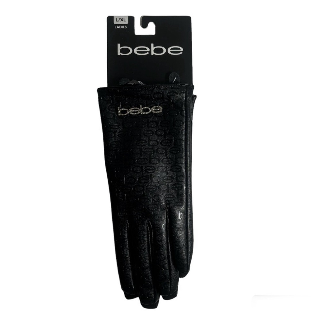 bebe Gloves Black Vegan Leather Faux Fur Lined Crystal Rhinestone Details L/XL